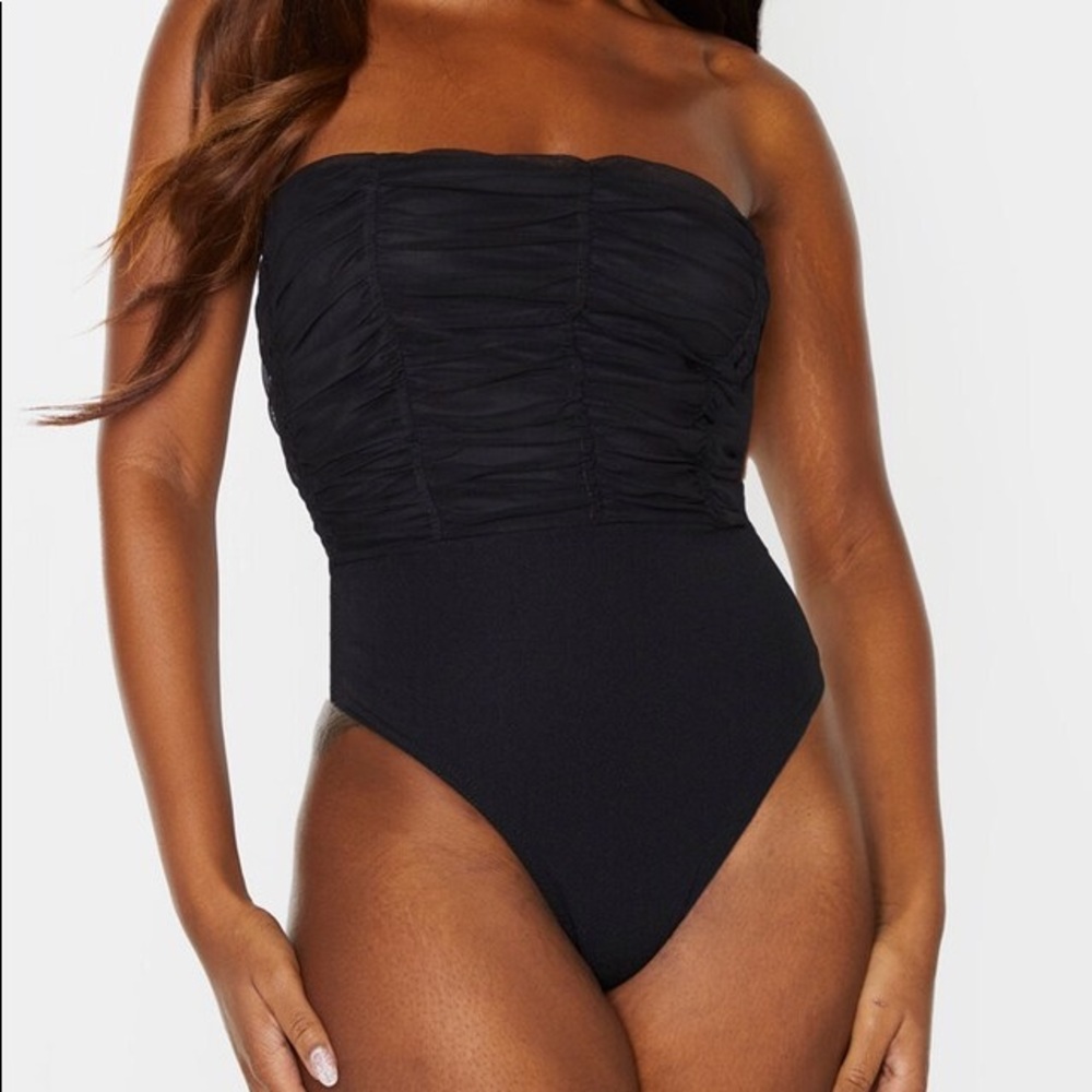 Pretty Little Thing Black Ruched Mesh Panelled Bardot Bodysuit